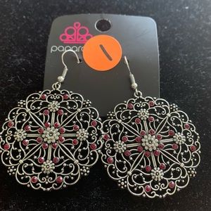 Silver earrings with red rhinestones